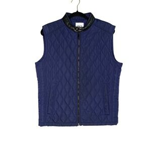 Zara Quilted Vest Navy Blue Faux Leather Collar Zip Front Men‎  Size M